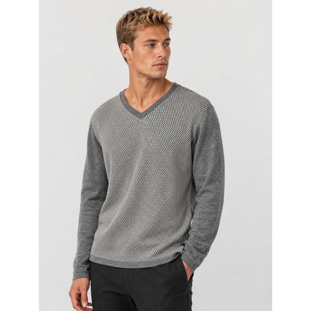 Hugo Boss Gray V-Neck Cotton Virgin Wool Blend Textured Knit Sweater M